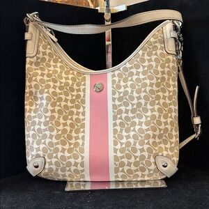 Coach Beige Signature Canvas Shoulder Bag with Pink Stripe Beautiful  Bag